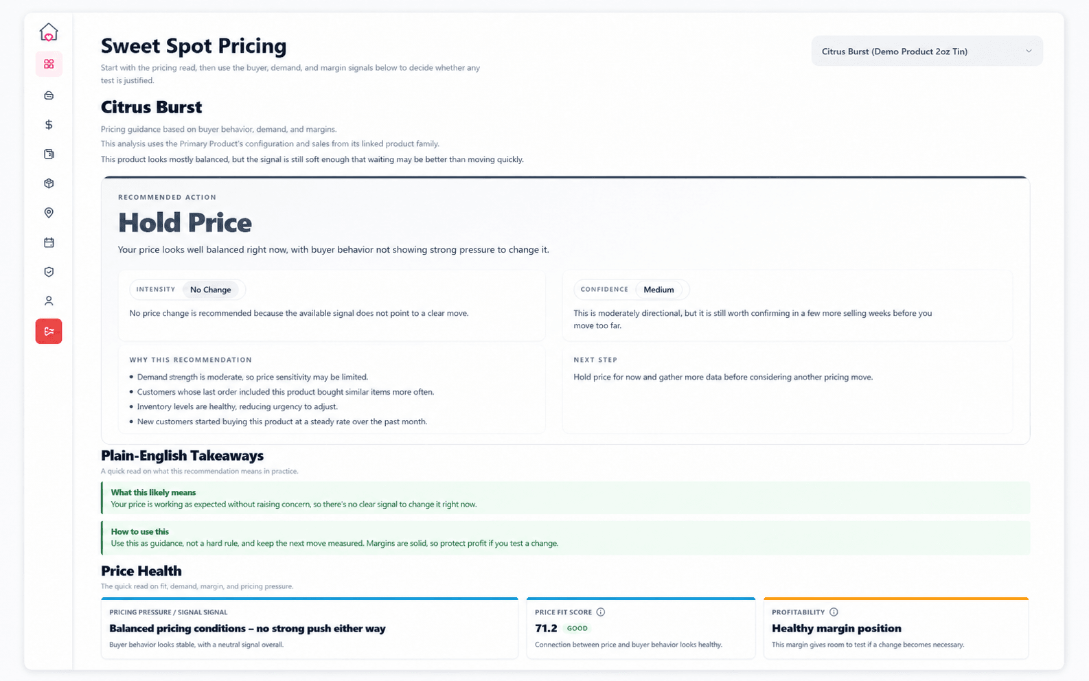 CottageOps Sweet Spot Pricing showing a Hold Price recommendation, confidence, takeaways, and price health