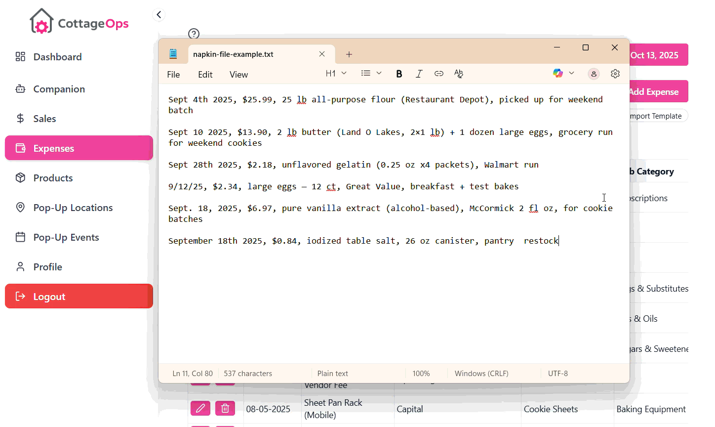CottageOps Napkin Import turning everyday business records into structured expense data
